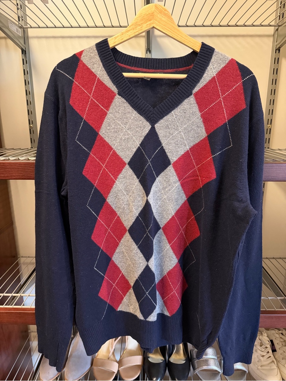 Banana Republic Navy V-Neck Argyle Sweater with Red and Gray Diamonds